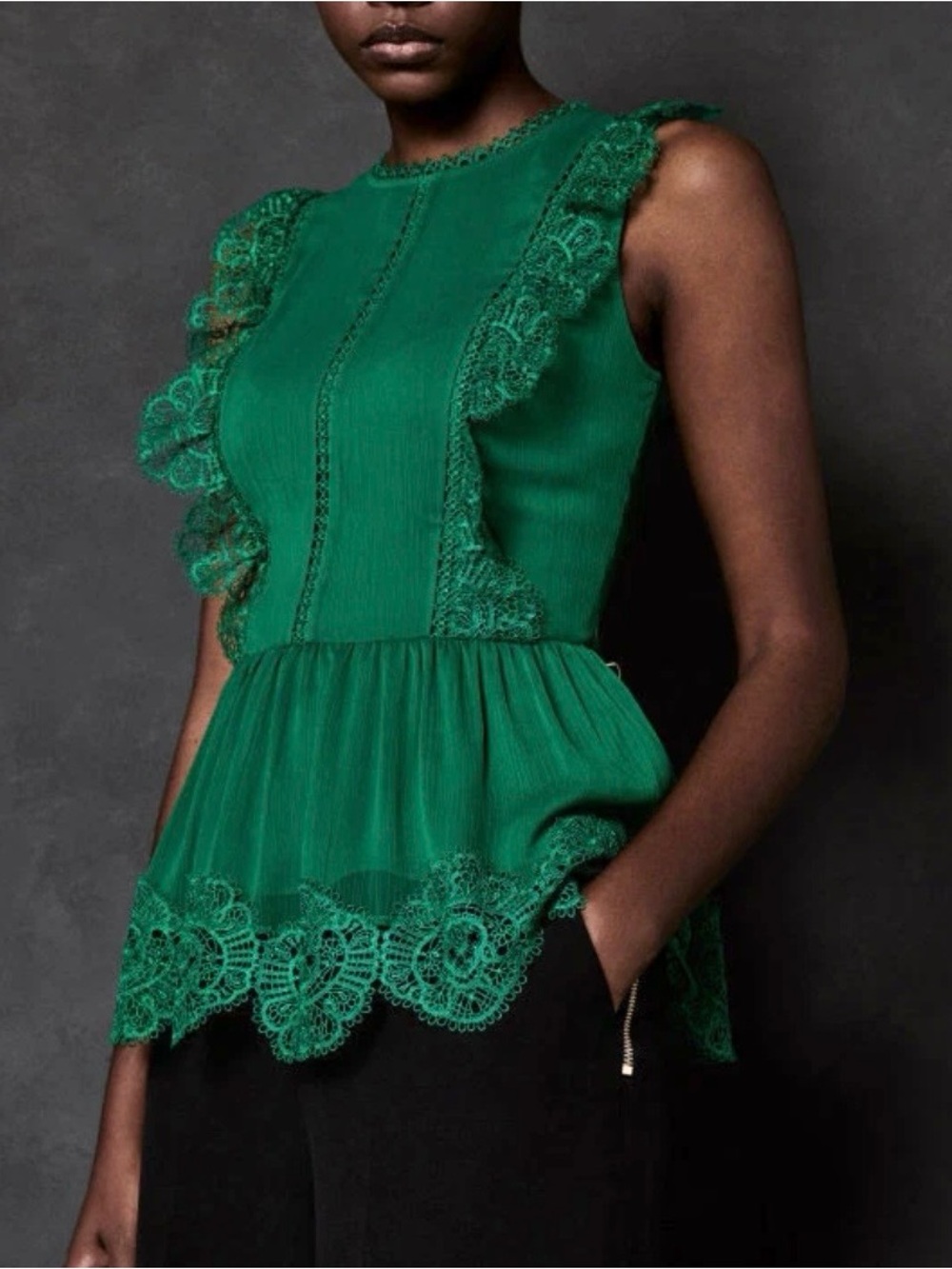 Ted Baker Omarri Green Ruffle Lace Peplum Top Boho Cottagecore Romantic Size 4